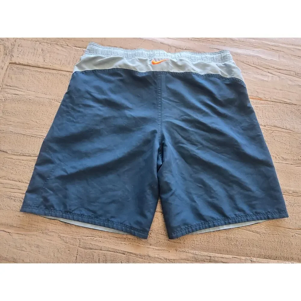 Nike Mens Large Swim Trunks Gray Orange Blue Colorblock Mesh Lined Drawstring